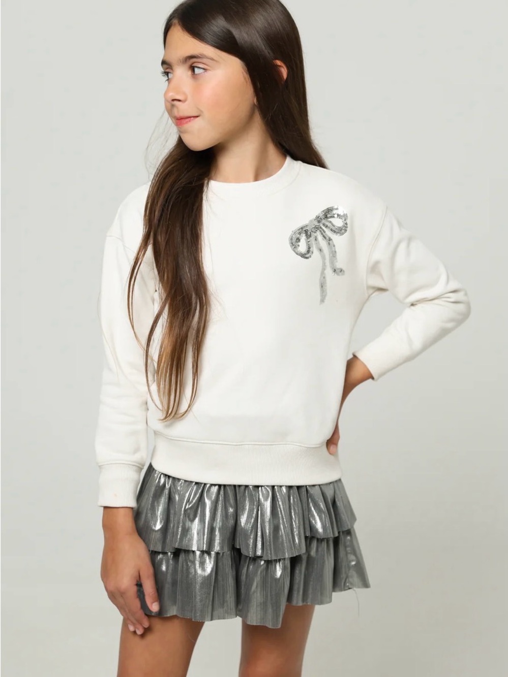 Ivory Sweatshirt with Silver Bow Accent With Skirt